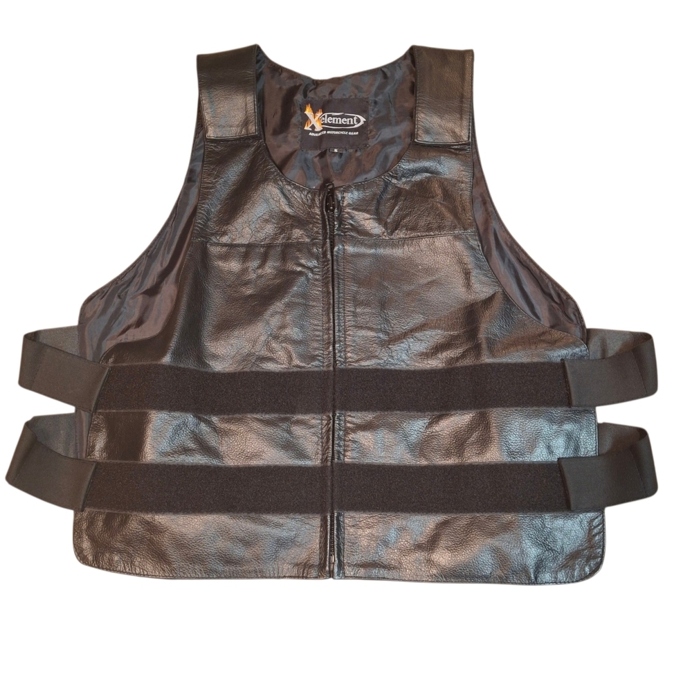 Xelement Bulletproof Style Hook & Loop Front Zipper Black Leather Vest SZ Small